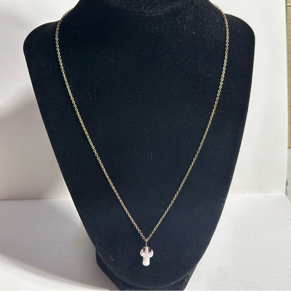 Pink Mushroom Toadstool Pendant Necklace Gold Tone Chain Fairy Hippie Boho